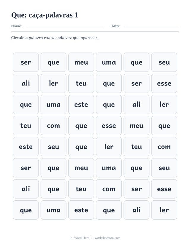 Prévia da palavra frequente “que”, caça-palavras 1