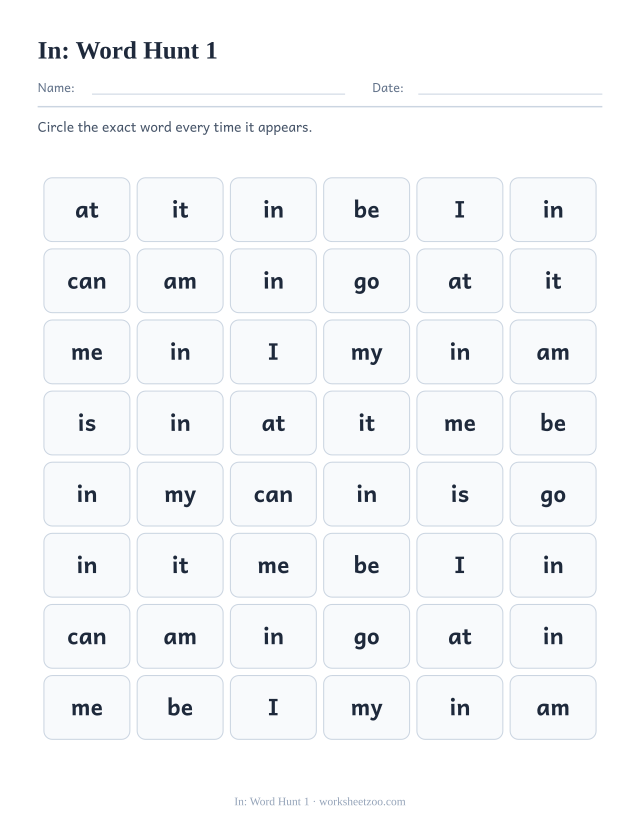 Sight word “in” worksheet, word hunt 1 printable activity