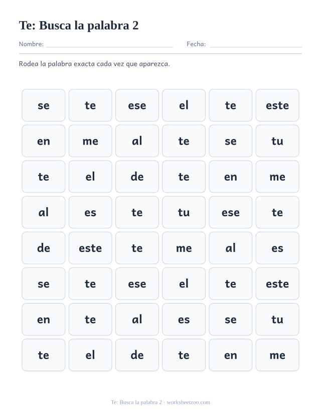 Ficha de la palabra frecuente «te», busca la palabra 2 para imprimir