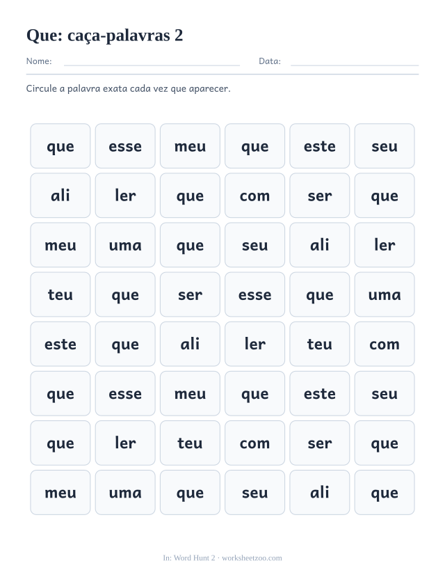 Prévia da palavra frequente “que”, caça-palavras 2