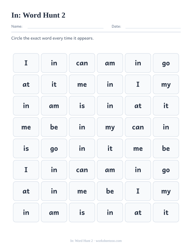 Sight word “in” worksheet, word hunt 2 printable activity