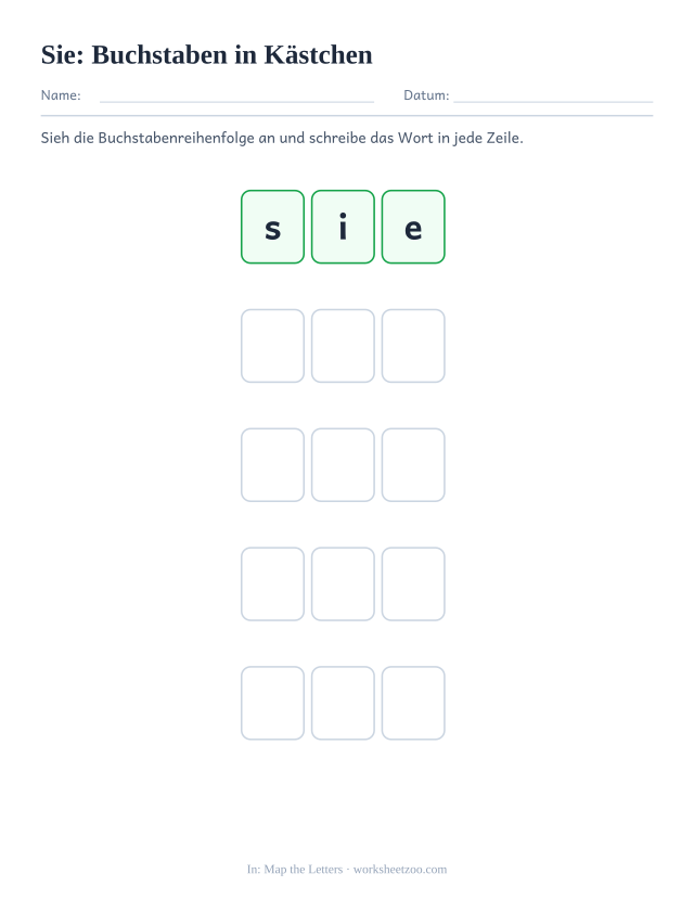 Vorschau: häufiges Wort „sie“, Buchstaben in Kästchen