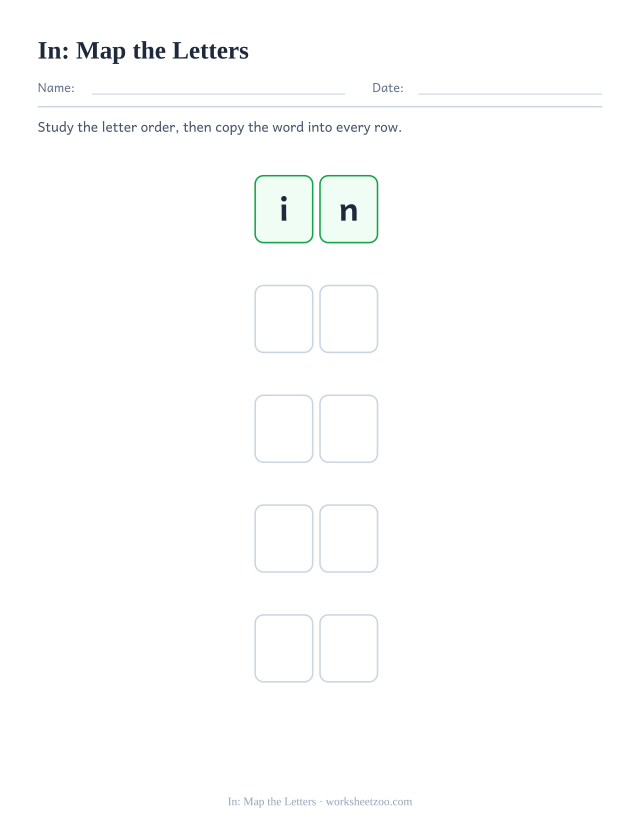 Sight word “in” worksheet, map the letters printable activity
