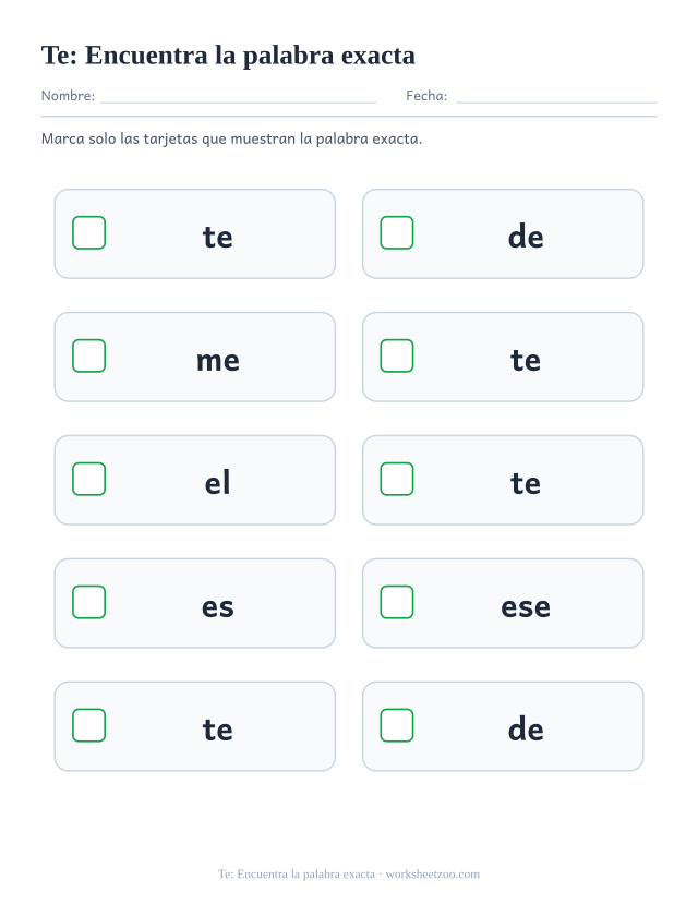 Ficha de la palabra frecuente «te», encuentra la palabra exacta para imprimir