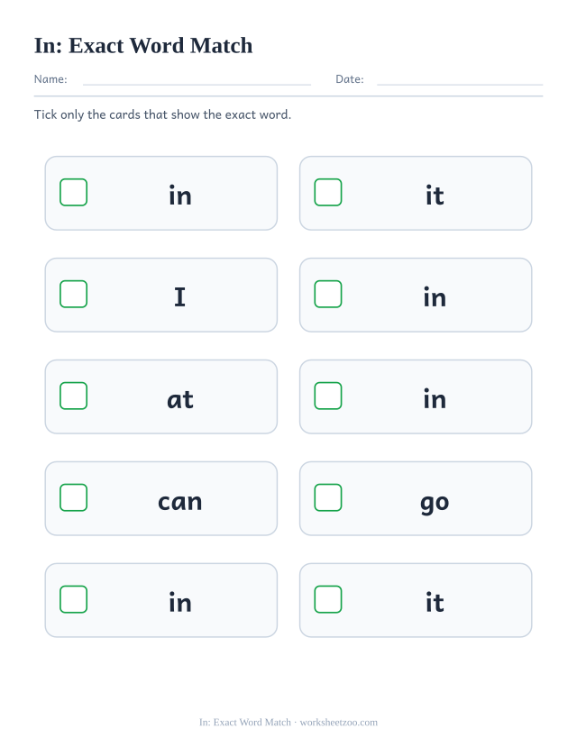 Sight word “in” worksheet, exact word match printable activity