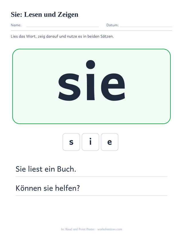 Vorschau: häufiges Wort „sie“, Lesen und Zeigen