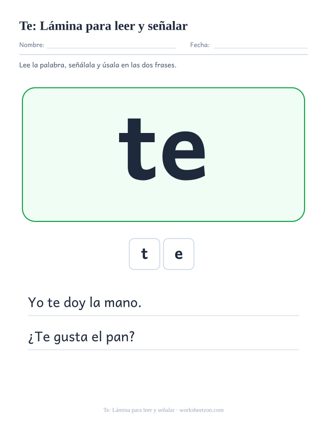 Ficha de la palabra frecuente «te», lámina para leer y señalar para imprimir