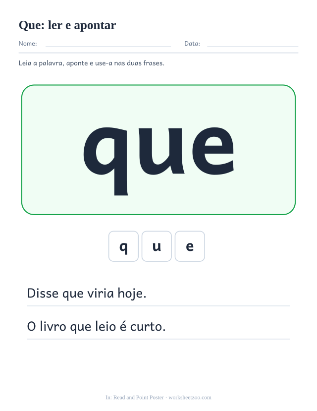 Prévia da palavra frequente “que”, ler e apontar