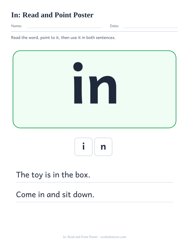 Sight word “in” worksheet, read and point poster printable activity