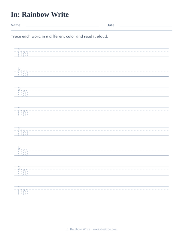 Sight word “in” worksheet, rainbow write printable activity