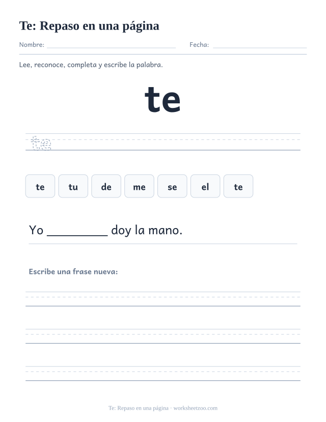 Ficha de la palabra frecuente «te», repaso en una página para imprimir