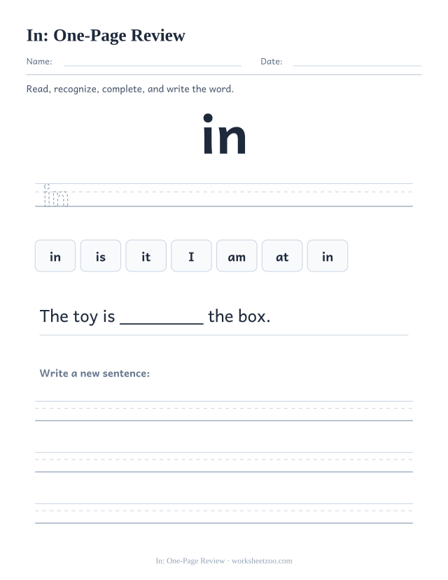 Sight word “in” worksheet, one-page review printable activity