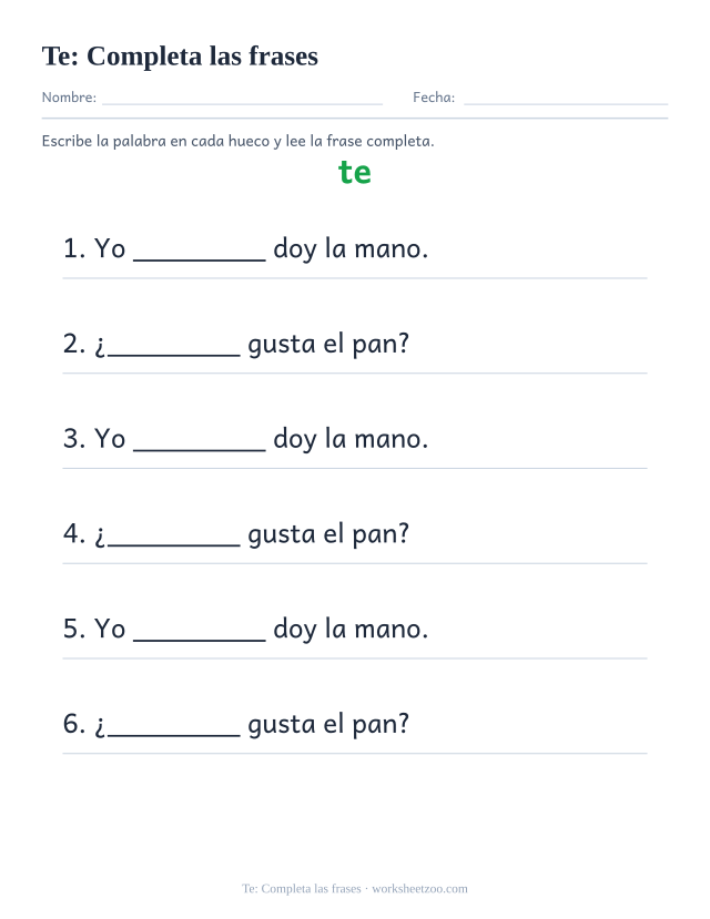 Ficha de la palabra frecuente «te», completa las frases para imprimir