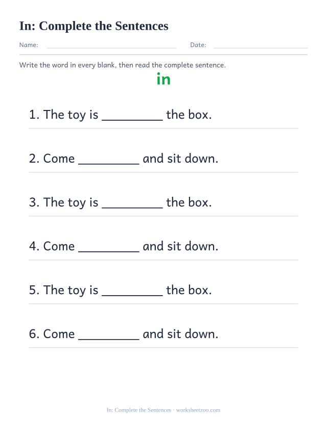 Sight word “in” worksheet, complete the sentences printable activity