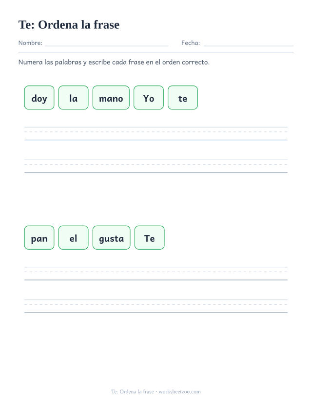 Ficha de la palabra frecuente «te», ordena la frase para imprimir