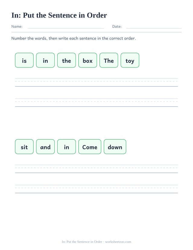 Sight word “in” worksheet, put the sentence in order printable activity