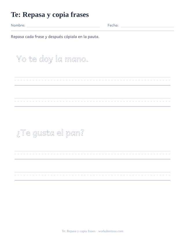 Ficha de la palabra frecuente «te», repasa y copia frases para imprimir