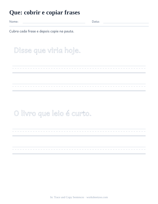 Prévia da palavra frequente “que”, cobrir e copiar frases