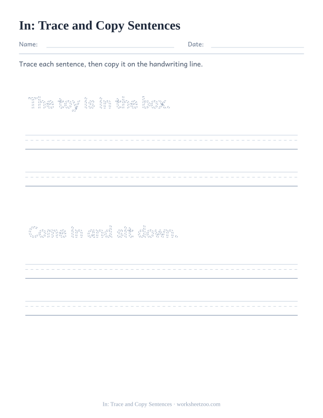 Sight word “in” worksheet, trace and copy sentences printable activity