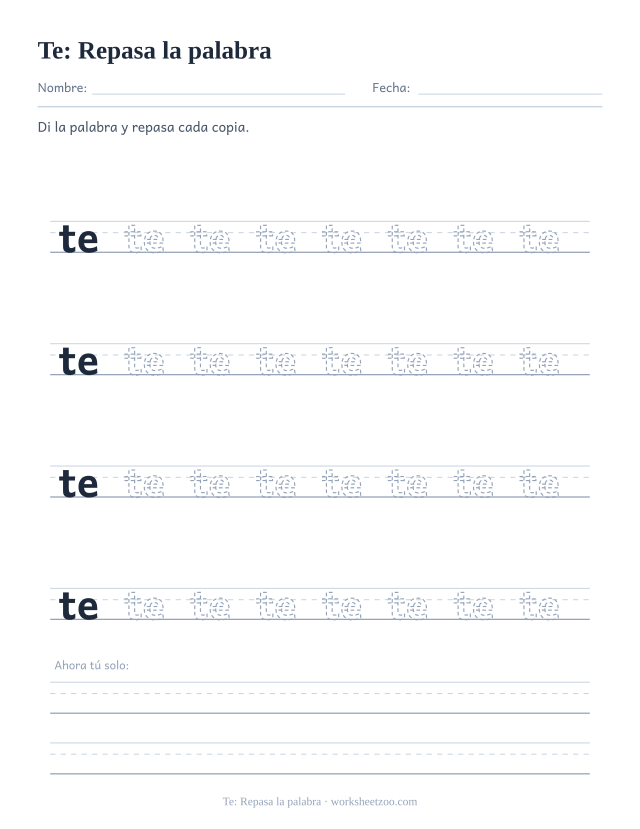 Ficha de la palabra frecuente «te», repasa la palabra para imprimir