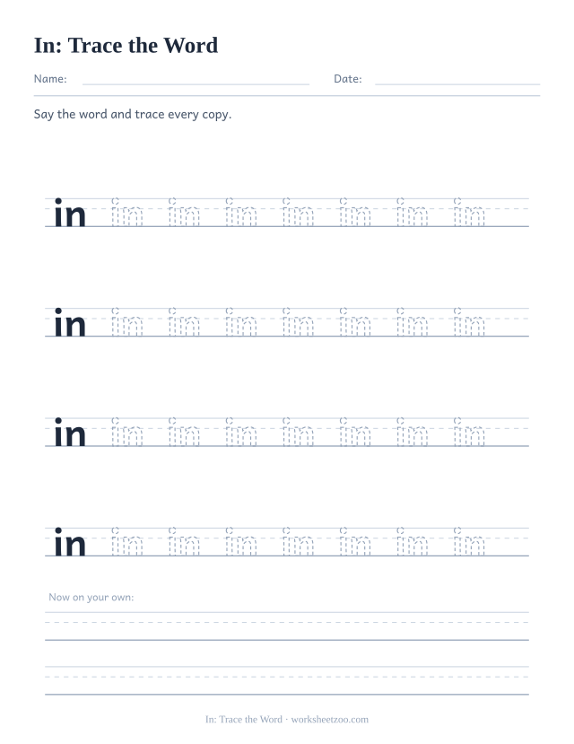 Sight word “in” worksheet, trace the word printable activity