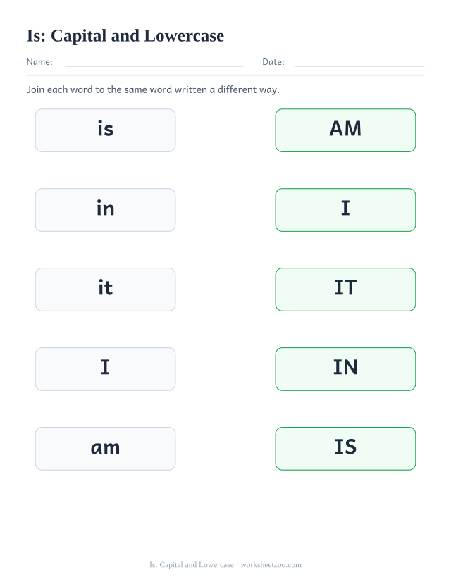 Sight word “is” worksheet, capital and lowercase printable activity
