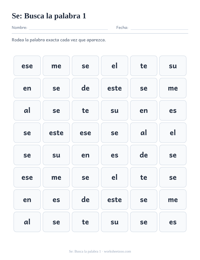 Ficha de la palabra frecuente «se», busca la palabra 1 para imprimir