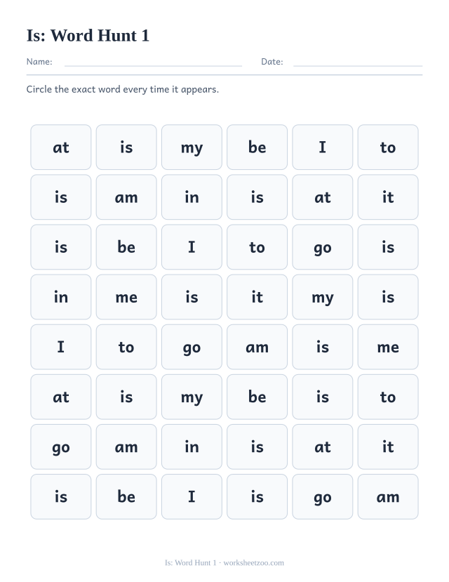 Sight word “is” worksheet, word hunt 1 printable activity