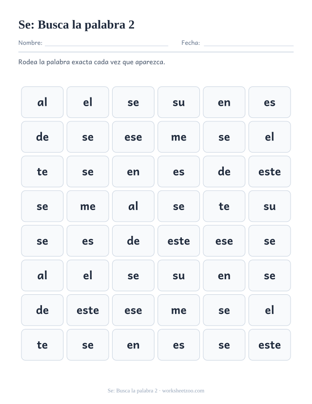 Ficha de la palabra frecuente «se», busca la palabra 2 para imprimir