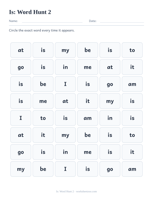 Sight word “is” worksheet, word hunt 2 printable activity