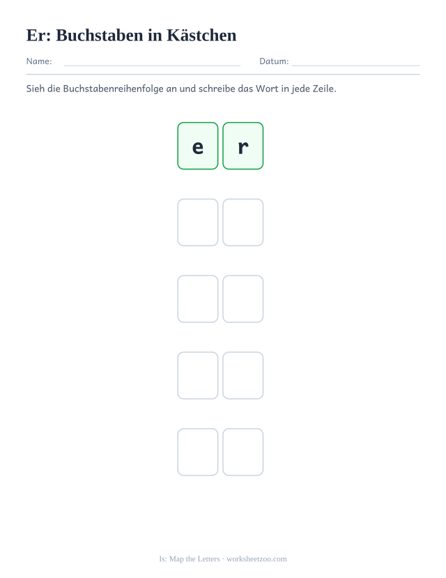 Vorschau: häufiges Wort „er“, Buchstaben in Kästchen