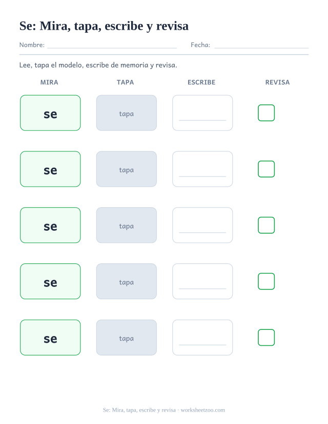 Ficha de la palabra frecuente «se», mira, tapa, escribe y revisa para imprimir