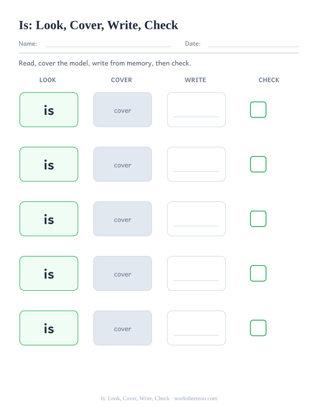 Sight word “is” worksheet, look, cover, write, check printable activity