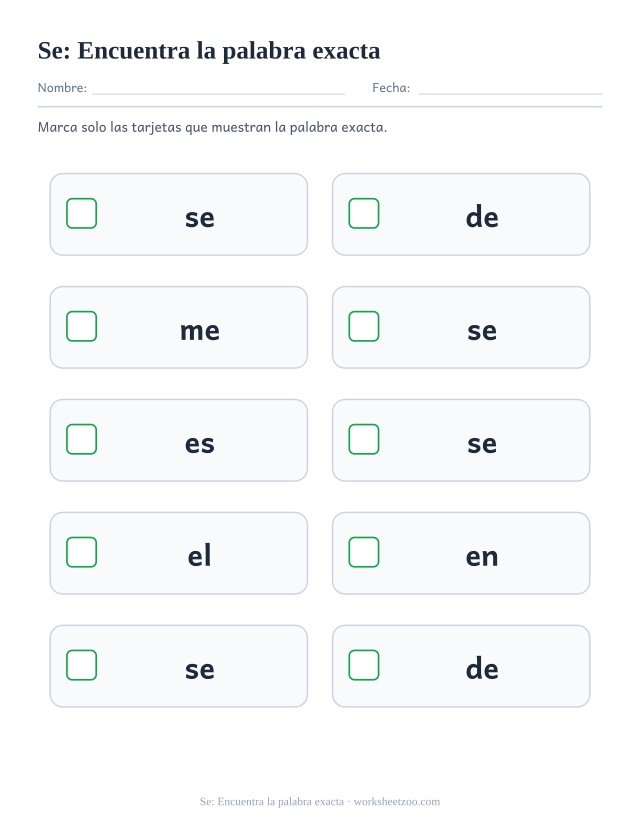 Ficha de la palabra frecuente «se», encuentra la palabra exacta para imprimir