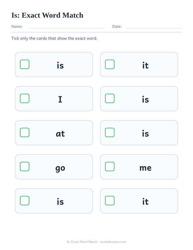Sight word “is” worksheet, exact word match printable activity