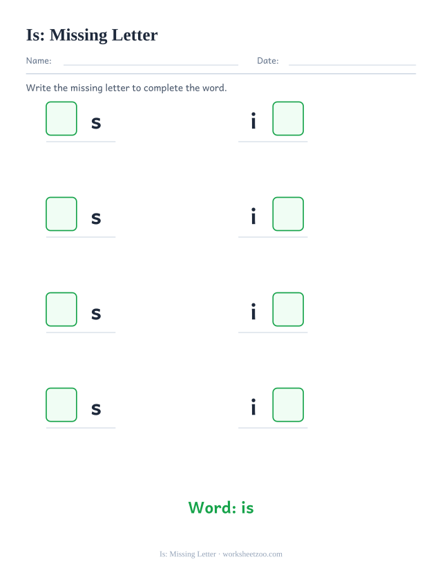 Sight word “is” worksheet, missing letter printable activity