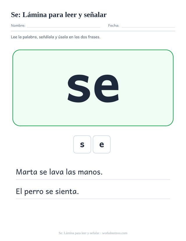 Ficha de la palabra frecuente «se», lámina para leer y señalar para imprimir