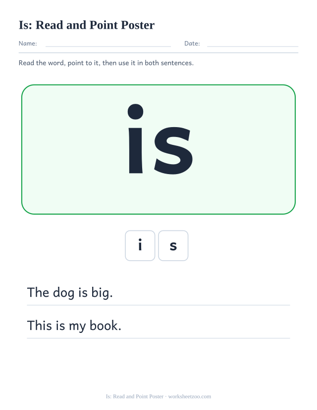 Sight word “is” worksheet, read and point poster printable activity