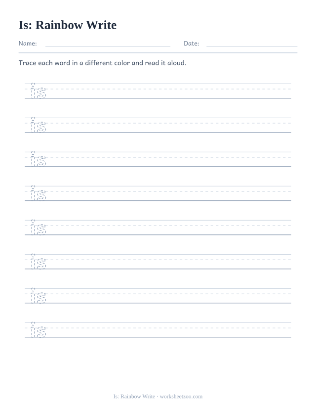Sight word “is” worksheet, rainbow write printable activity