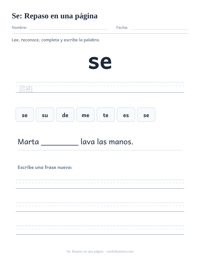 Ficha de la palabra frecuente «se», repaso en una página para imprimir