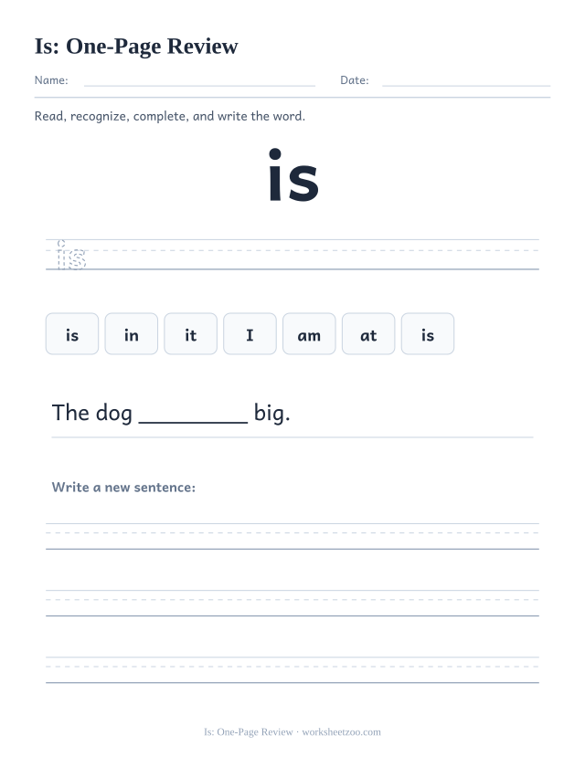 Sight word “is” worksheet, one-page review printable activity