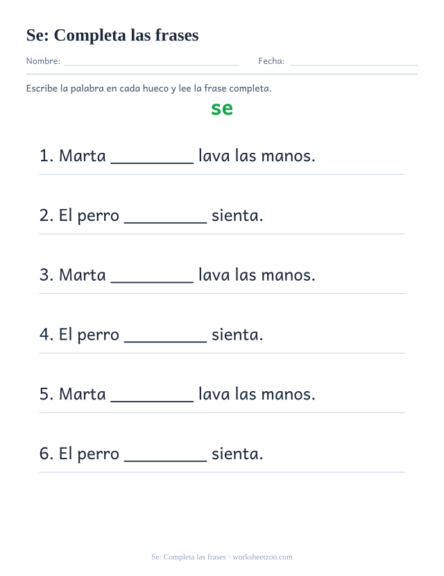 Ficha de la palabra frecuente «se», completa las frases para imprimir