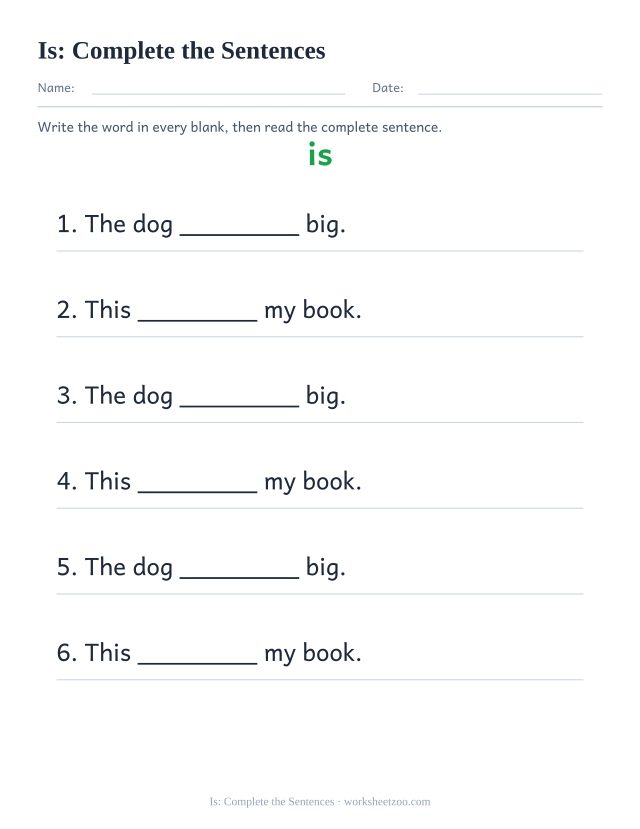 Sight word “is” worksheet, complete the sentences printable activity