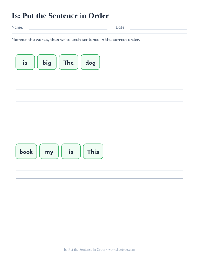 Sight word “is” worksheet, put the sentence in order printable activity