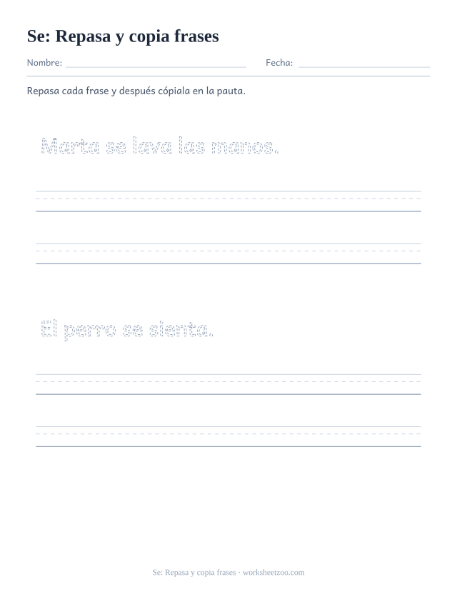 Ficha de la palabra frecuente «se», repasa y copia frases para imprimir