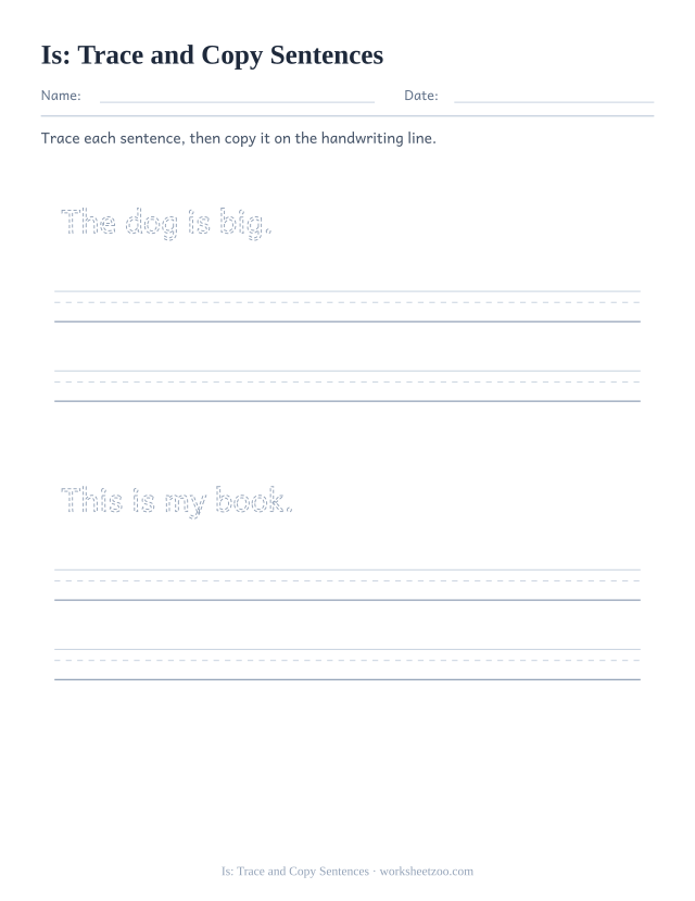 Sight word “is” worksheet, trace and copy sentences printable activity