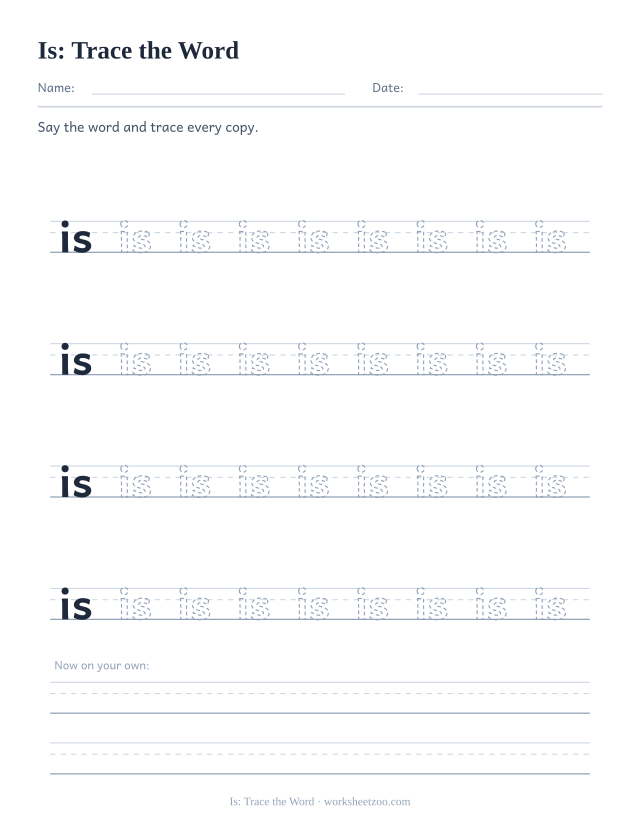 Sight word “is” worksheet, trace the word printable activity