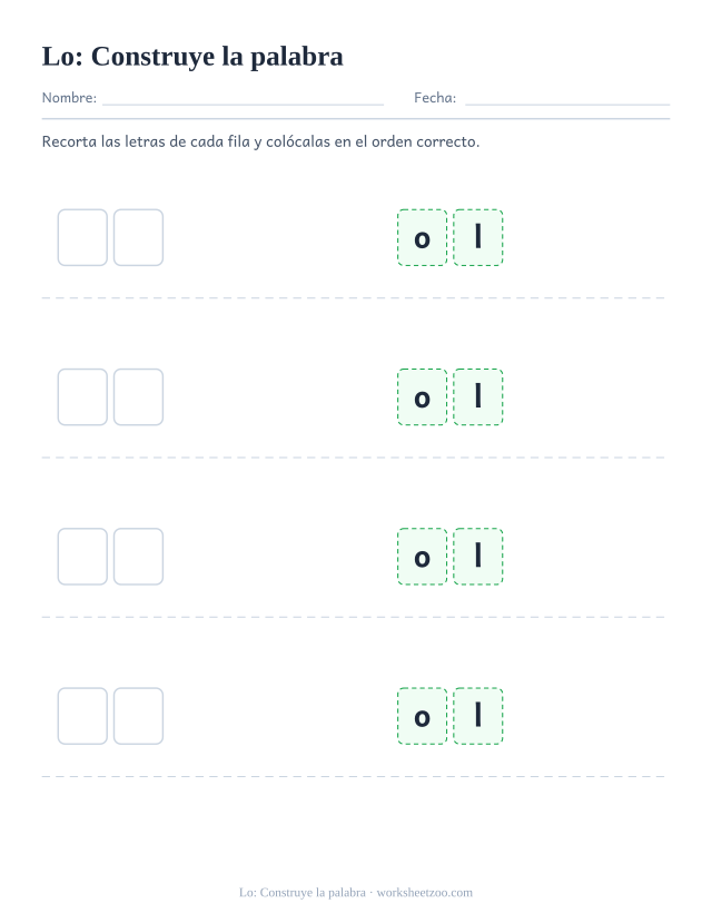 Ficha de la palabra frecuente «lo», construye la palabra para imprimir