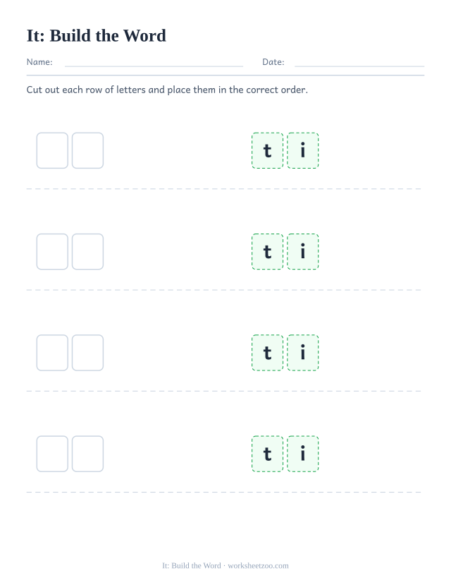 Sight word “it” worksheet, build the word printable activity