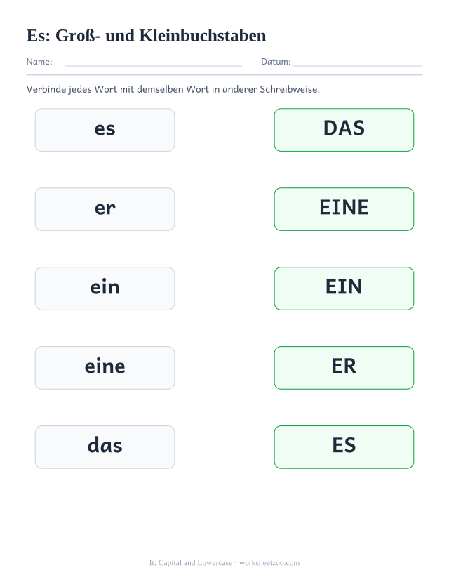 Vorschau: häufiges Wort „es“, Groß- und Kleinbuchstaben